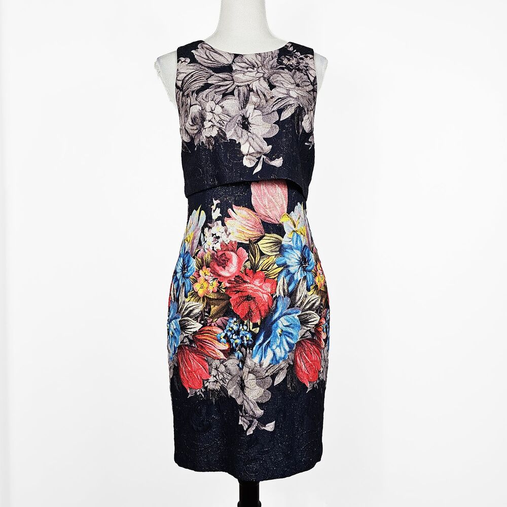 Belle Badgley Mischka Size 6 Floral Print Navy Metallic Sleeveless Sheath Dress